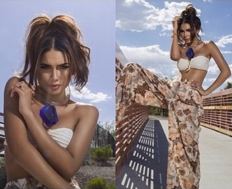 Two side-by-side outdoor photos of Jamillette Gaxiola with tousled upswept hair in a white bandeau top and floral skirt with a blue pendant, under a cloudy blue sky.